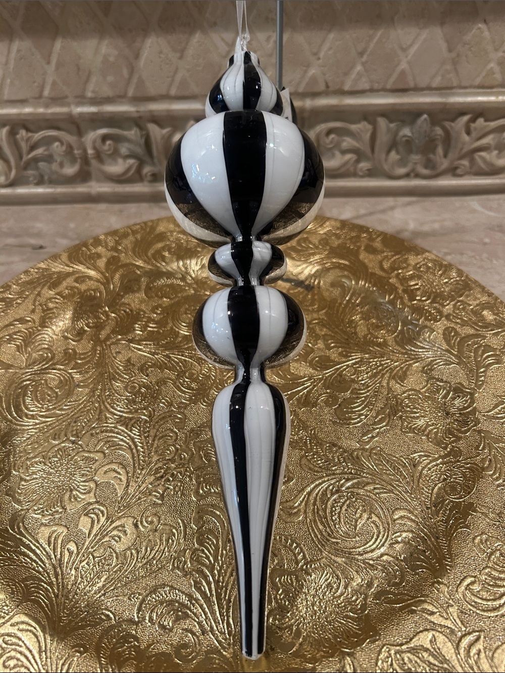 NWT Robert Stanley Black & White Striped Glass Finial Ornament 10”